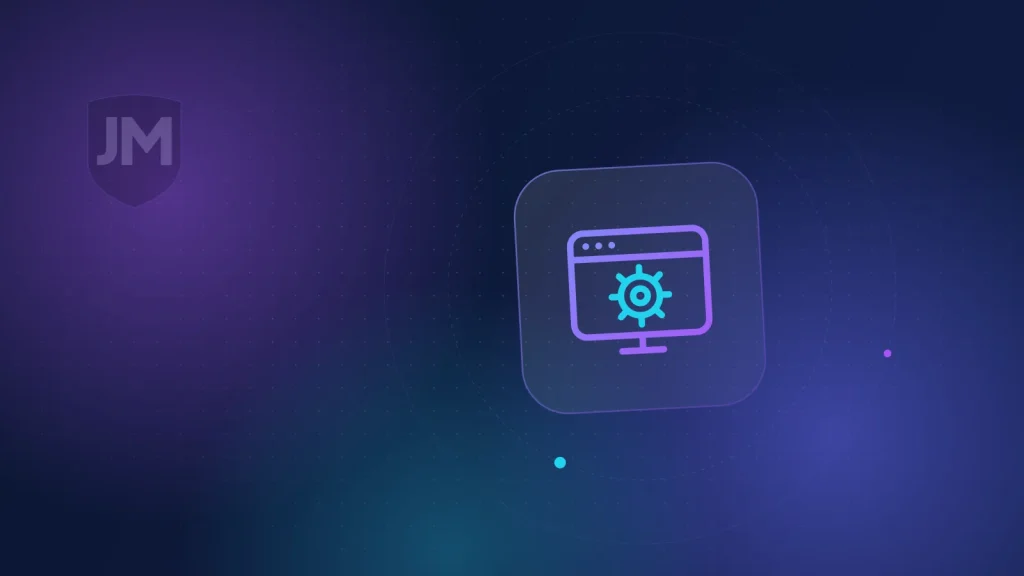 Ilustración del icono de mantenimiento web: engranaje con flechas de actualización sobre fondo azul oscuro con brillos violetas
