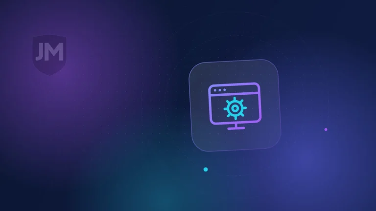 Ilustración del icono de mantenimiento web: engranaje con flechas de actualización sobre fondo azul oscuro con brillos violetas