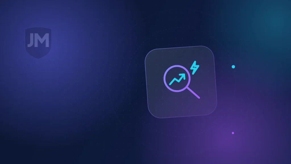 Ilustración del icono de SEO: lupa con una gráfica que sube y un rayo sobre fondo azul oscuro con brillos violetas
