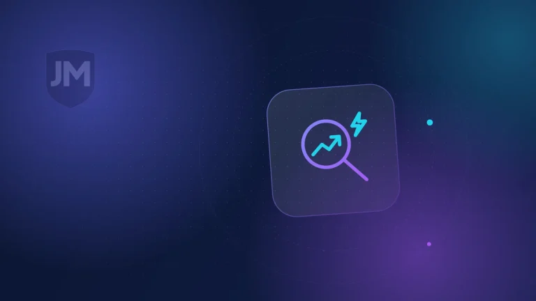 Ilustración del icono de SEO: lupa con una gráfica que sube y un rayo sobre fondo azul oscuro con brillos violetas