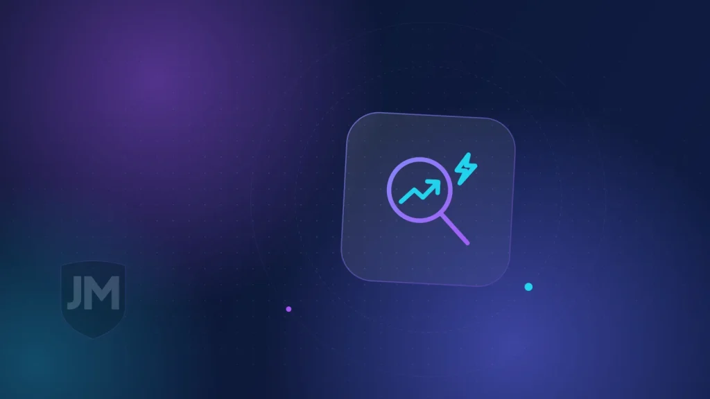 Ilustración del icono de SEO: lupa con una gráfica que sube y un rayo sobre fondo azul oscuro con brillos violetas