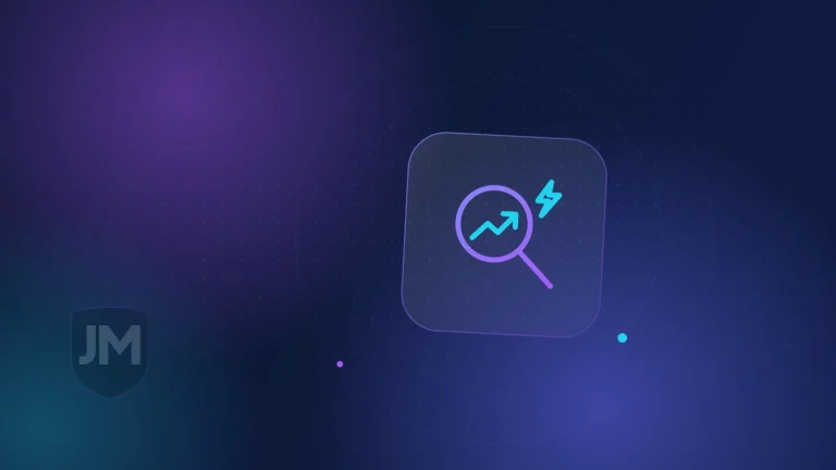 Ilustración del icono de SEO: lupa con una gráfica que sube y un rayo sobre fondo azul oscuro con brillos violetas