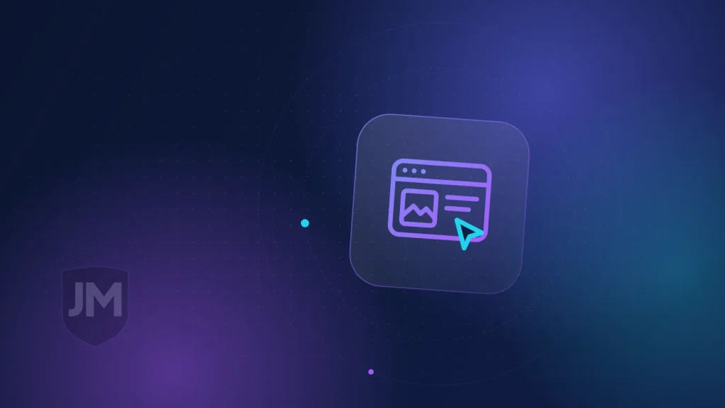 Ilustración del icono de diseño web: ventana de navegador con bloques de contenido sobre fondo azul oscuro con brillos violetas