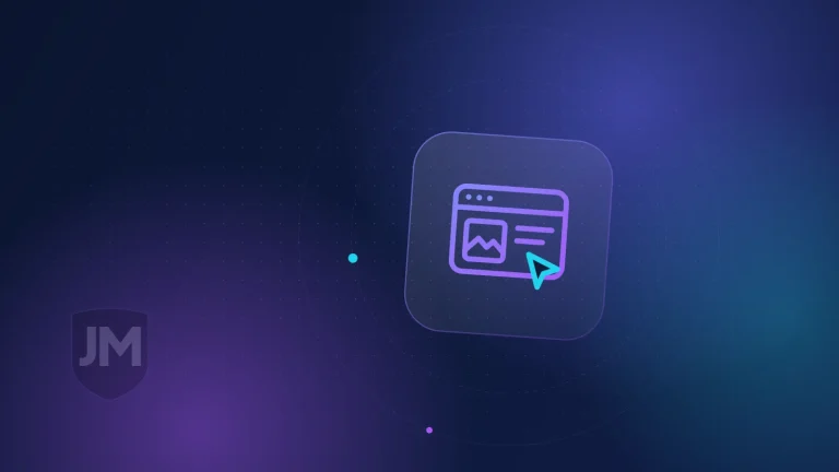 Ilustración del icono de diseño web: ventana de navegador con bloques de contenido sobre fondo azul oscuro con brillos violetas