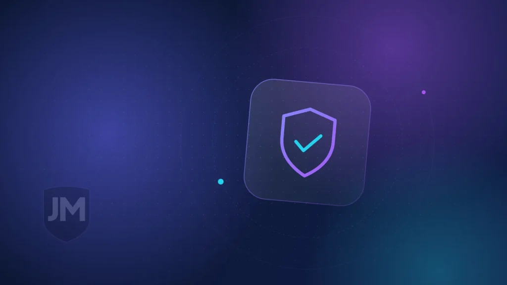 Ilustración del icono de seguridad web: escudo con una marca de verificación sobre fondo azul oscuro con brillos violetas