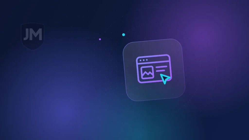 Ilustración del icono de diseño web: ventana de navegador con bloques de contenido sobre fondo azul oscuro con brillos violetas