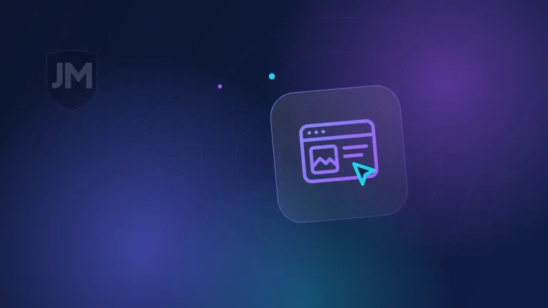 Ilustración del icono de diseño web: ventana de navegador con bloques de contenido sobre fondo azul oscuro con brillos violetas
