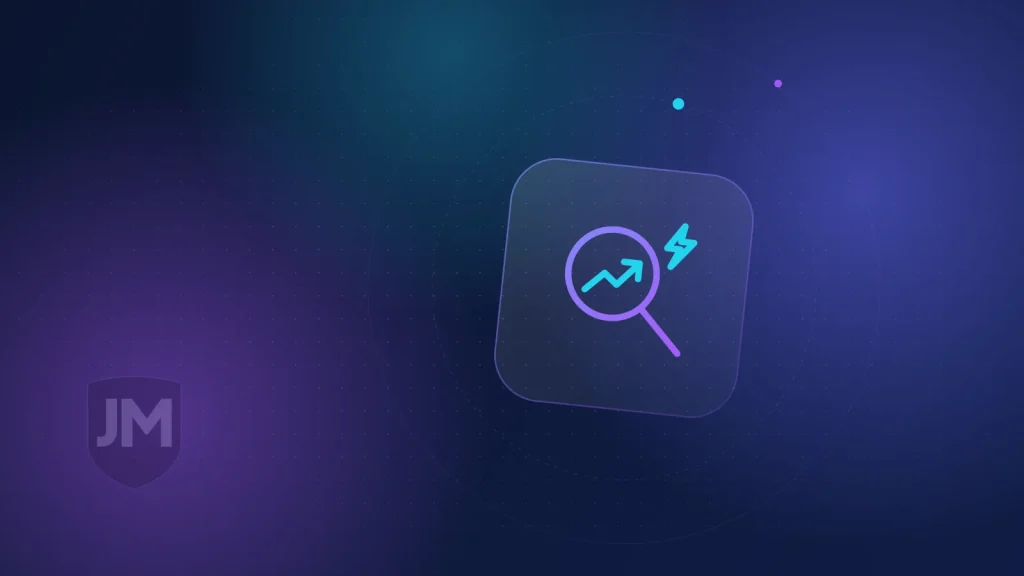 Ilustración del icono de SEO: lupa con una gráfica que sube y un rayo sobre fondo azul oscuro con brillos violetas