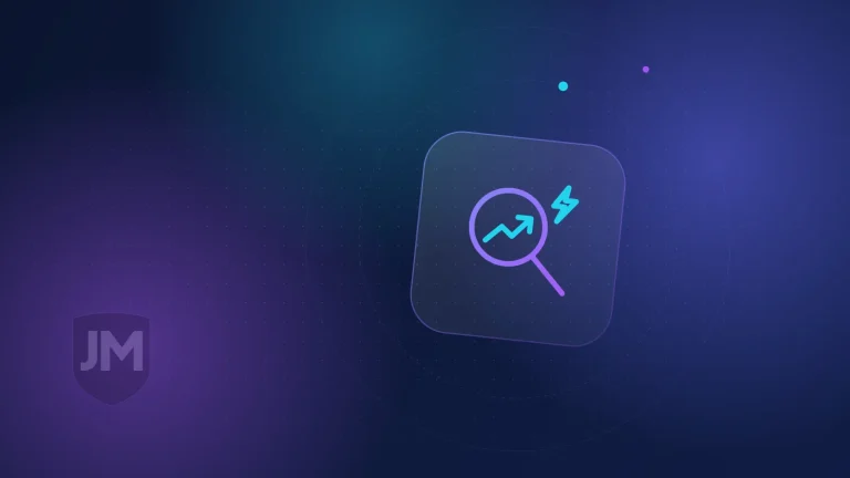 Ilustración del icono de SEO: lupa con una gráfica que sube y un rayo sobre fondo azul oscuro con brillos violetas