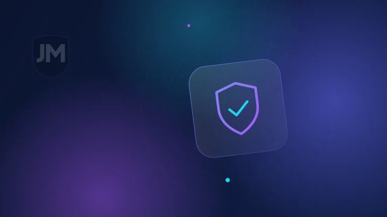 Ilustración del icono de seguridad web: escudo con una marca de verificación sobre fondo azul oscuro con brillos violetas
