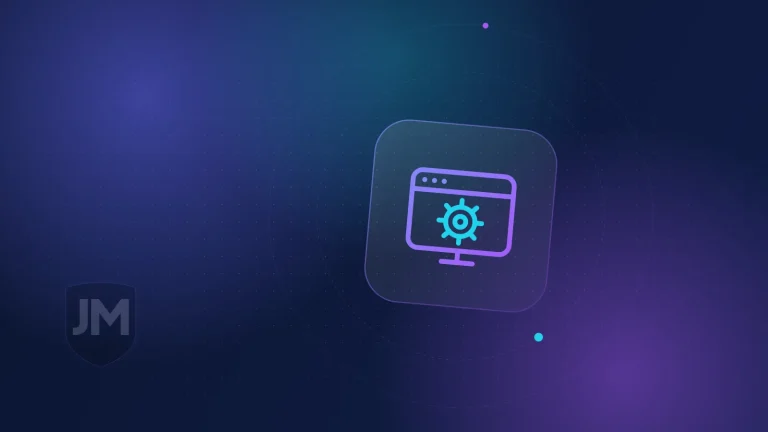 Ilustración del icono de mantenimiento web: engranaje con flechas de actualización sobre fondo azul oscuro con brillos violetas