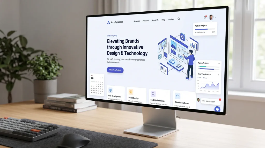 Monitor de escritorio mostrando una web corporativa moderna