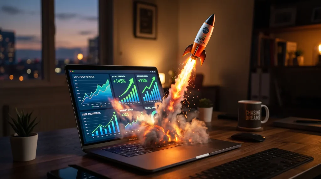 Portátil con gráficas de crecimiento y un cohete despegando: posicionamiento SEO