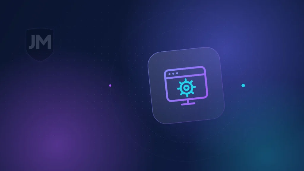 Ilustración del icono de mantenimiento web: engranaje con flechas de actualización sobre fondo azul oscuro con brillos violetas