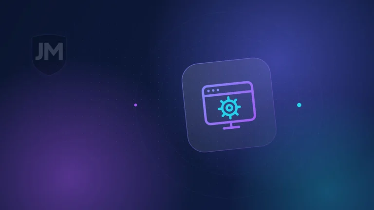 Ilustración del icono de mantenimiento web: engranaje con flechas de actualización sobre fondo azul oscuro con brillos violetas