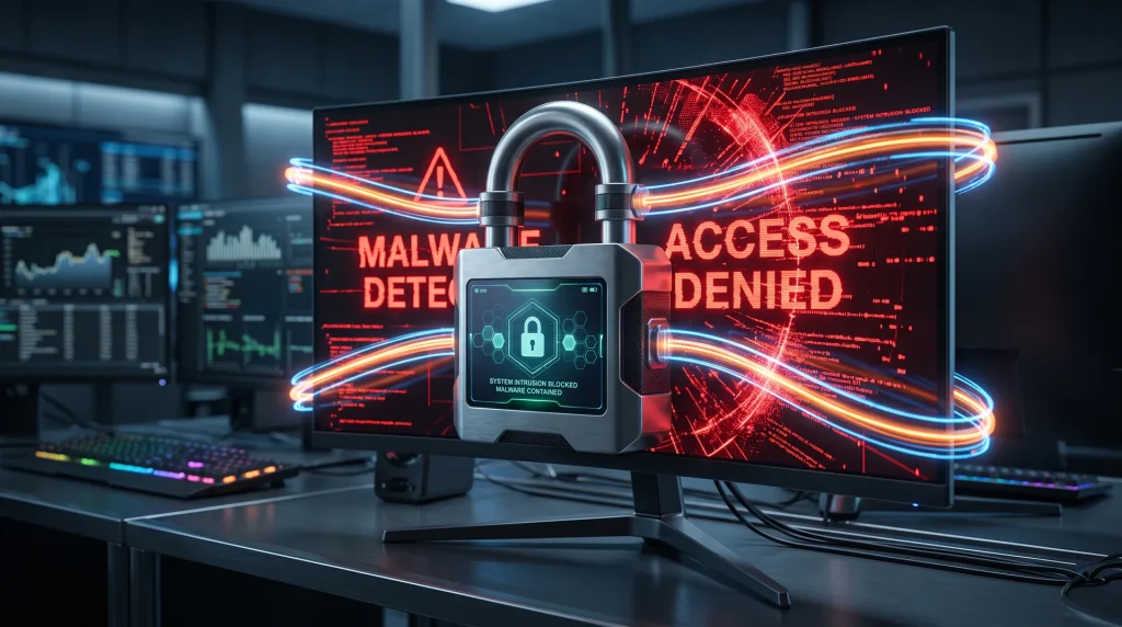 Pantalla con alerta de malware y candado: reparación de webs hackeadas